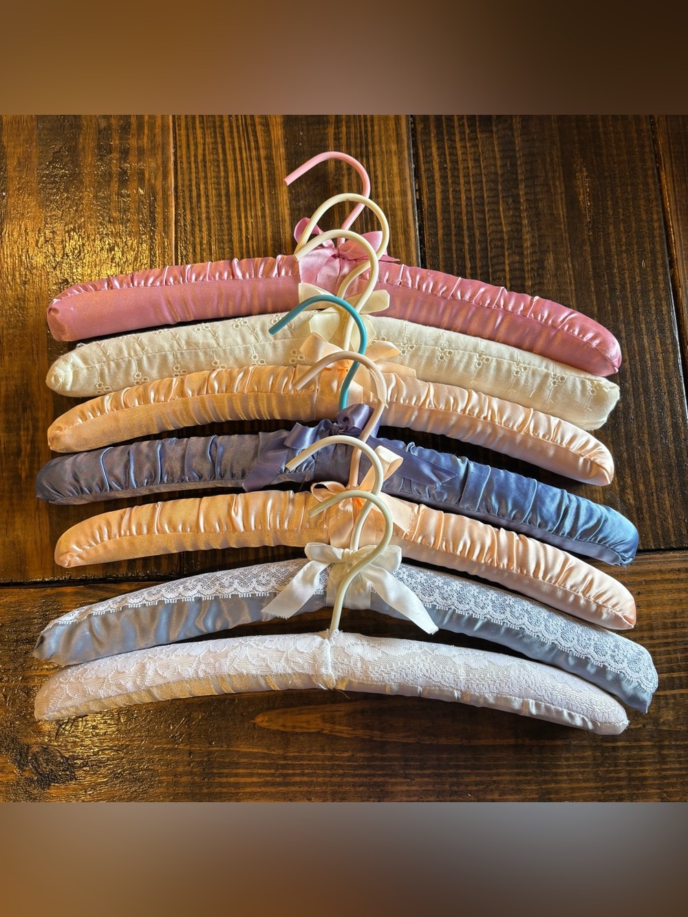 Satin Padded Clothes Hangers Set of 7 Assorted Colors 15 1/2” Long Pastel Lace